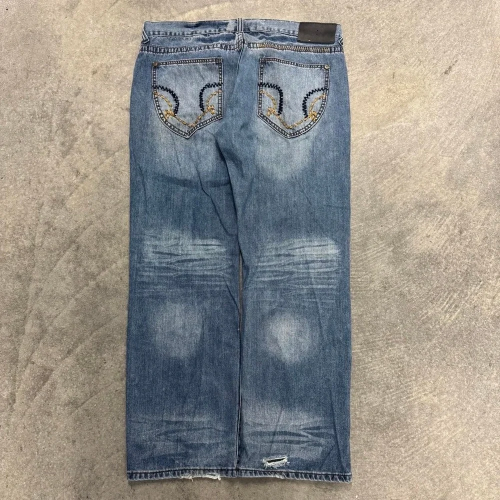 Baggy Embroidered Jeans Y2K Faded Skater Wide Leg Lightwash Denim Jeans 40x32